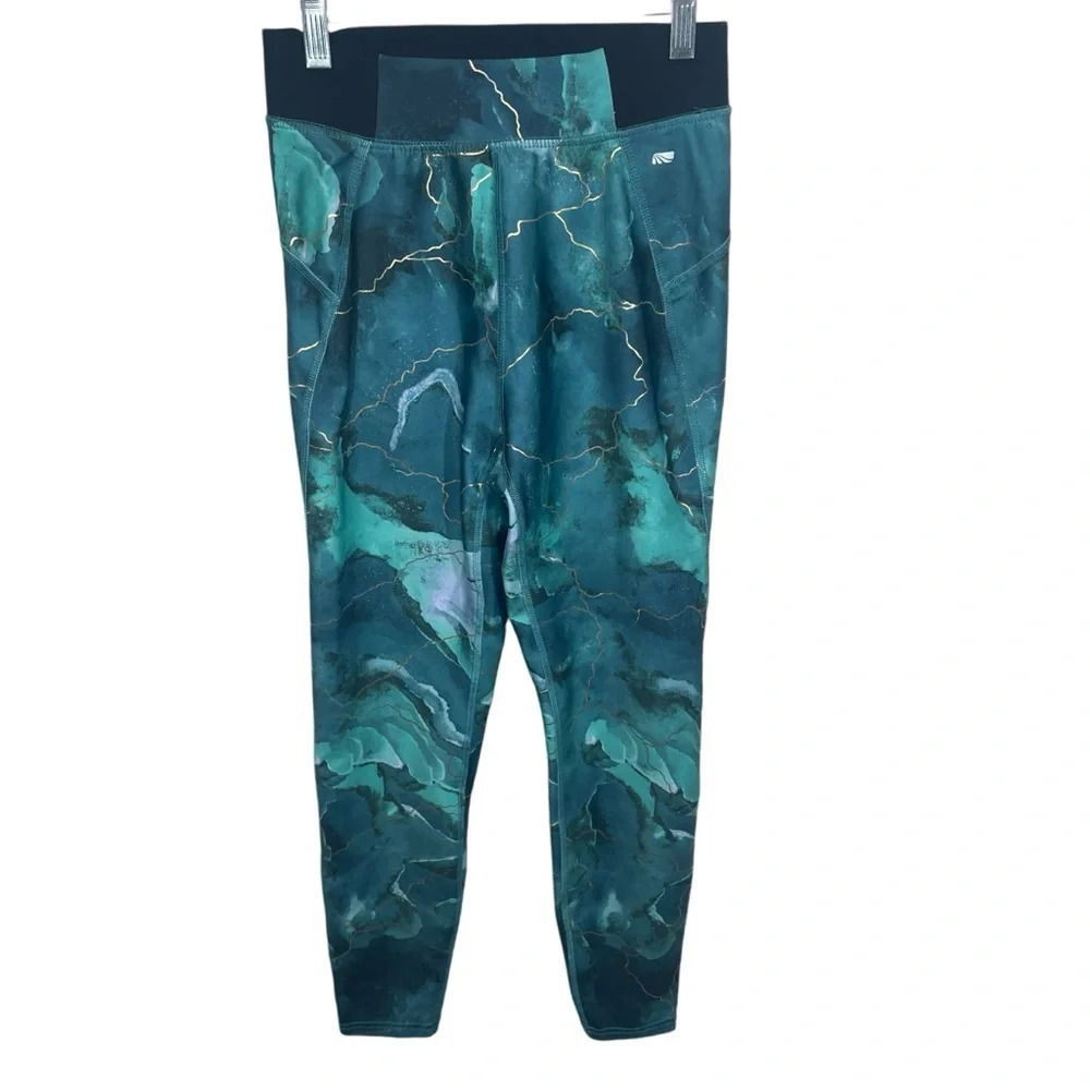 Marika Blue Green Gold Lightning Marble Print Legging Size Small yoga activewear
